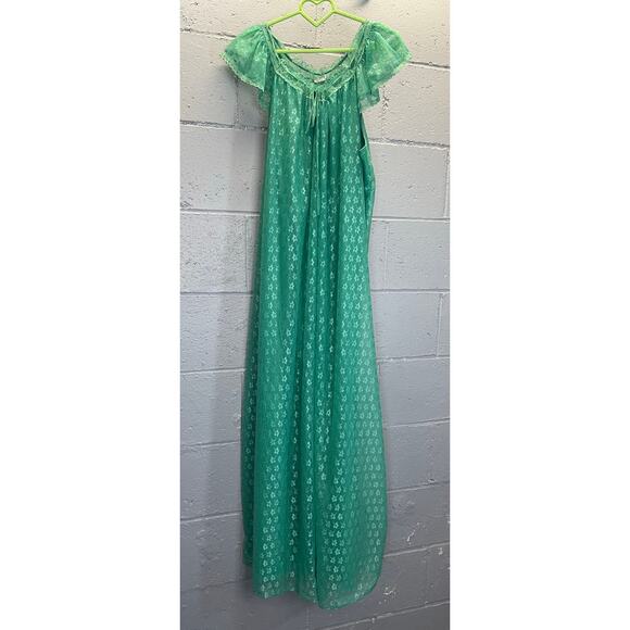 Vintage 1950s Green Nylon Chiffon Nightgown Floral Embroidered Semi Sheer Large - Picture 2 of 11